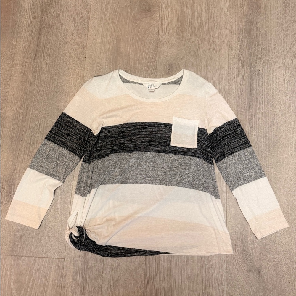 Striped Long Sleeve Top with Pocket & Side Knot